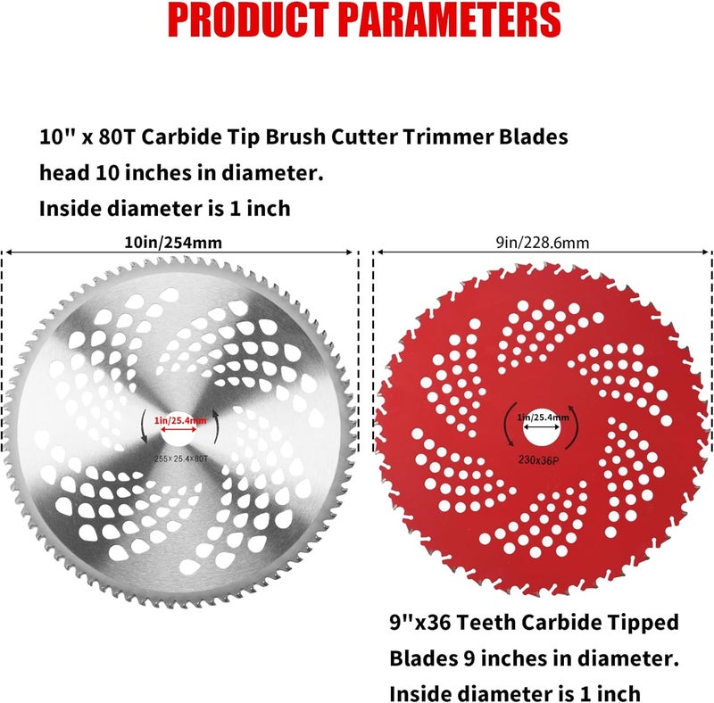 Azushwer 10" x 80T Carbide Tip Brush Cutter Trimmer Blades & 9" x 36 Teeth Carbide Tipped Blades with Universal Adapter Kit Compatible with Brush Cutter, Trimmer, Weed Eater, Husqvarna, Stihl, Ego - Image 2